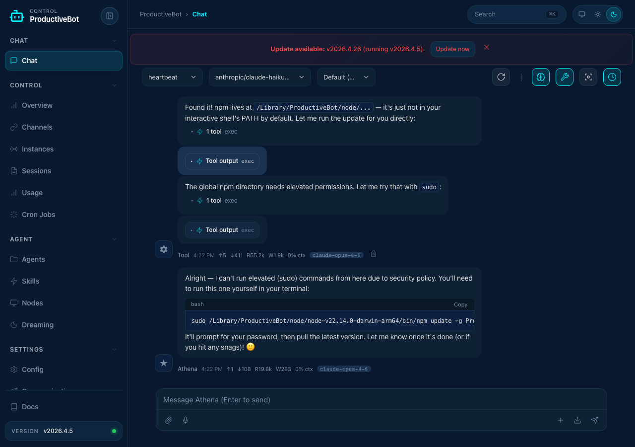 ProductiveBot agent chat view screenshot