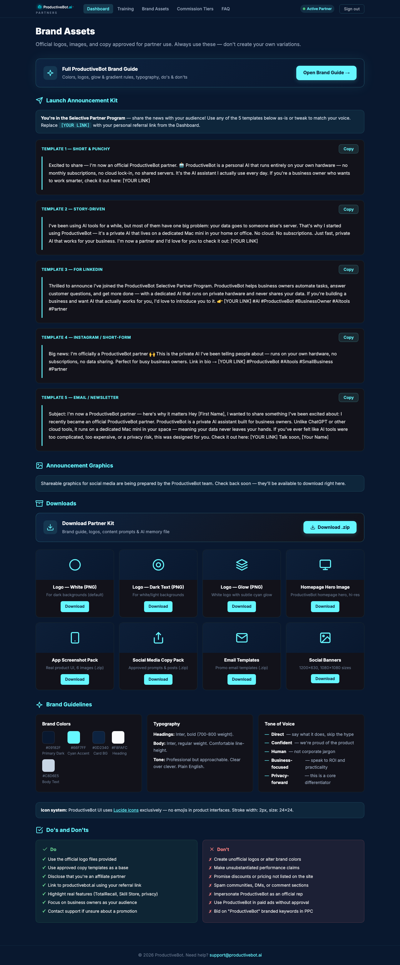 ProductiveBot partner portal brand assets view