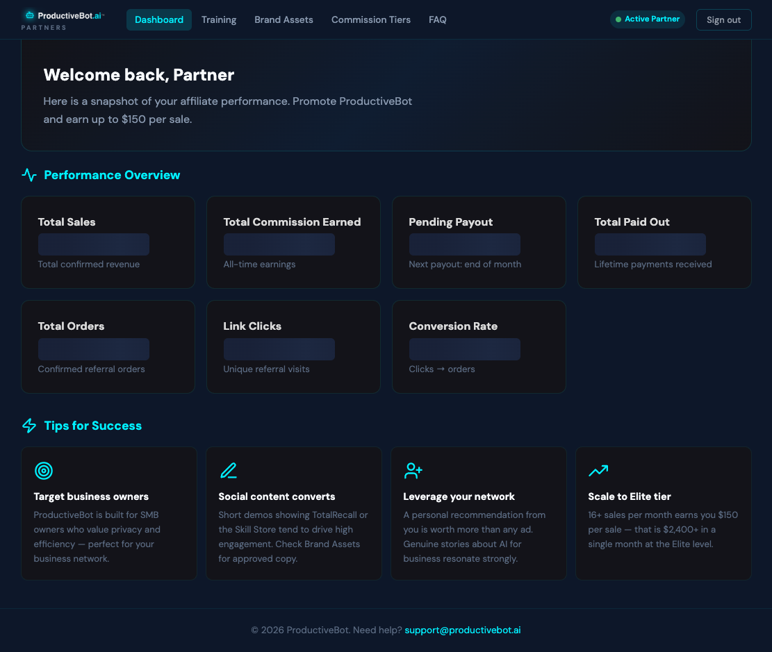 ProductiveBot customer partner portal dashboard