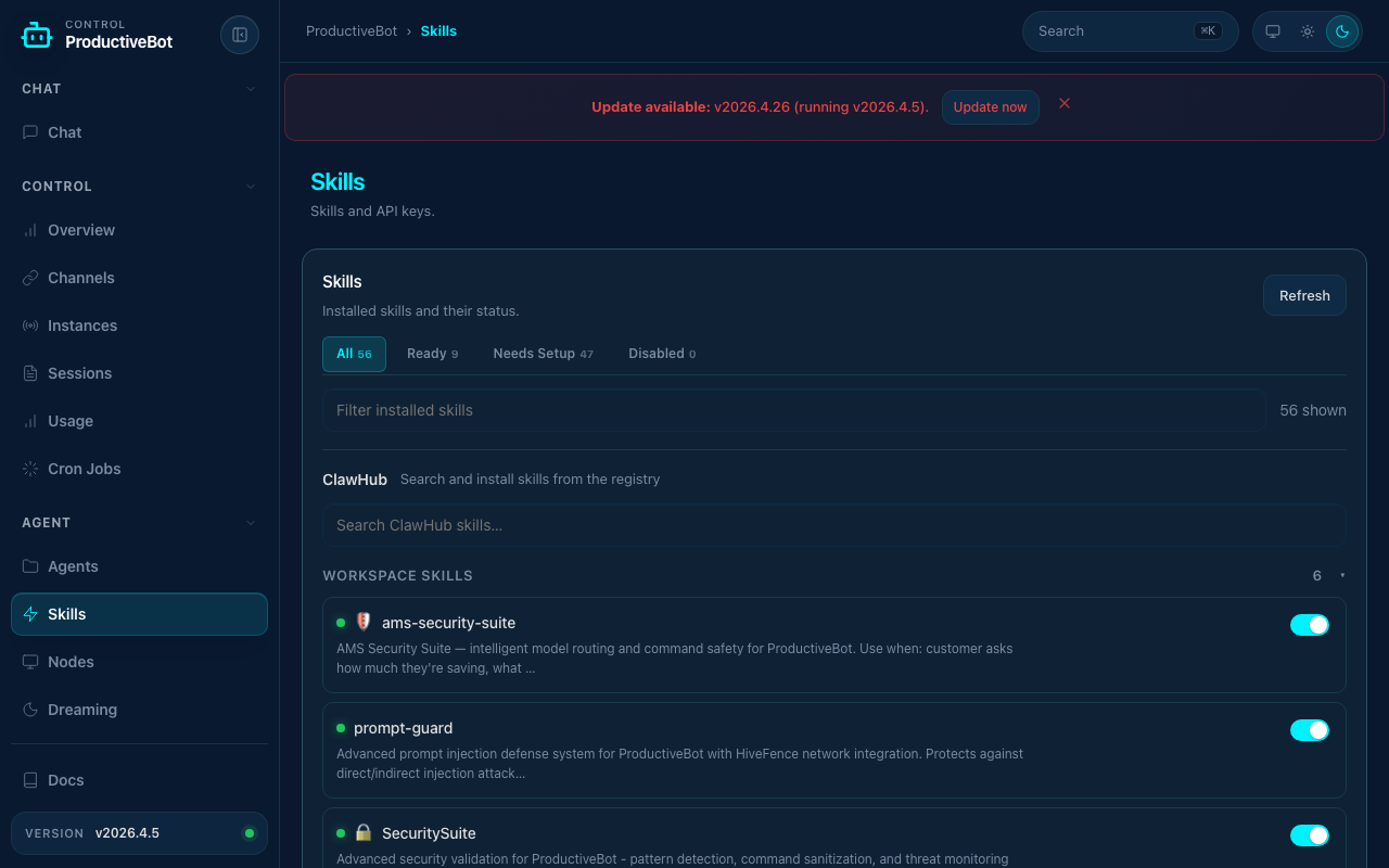 ProductiveBot skills interface screenshot