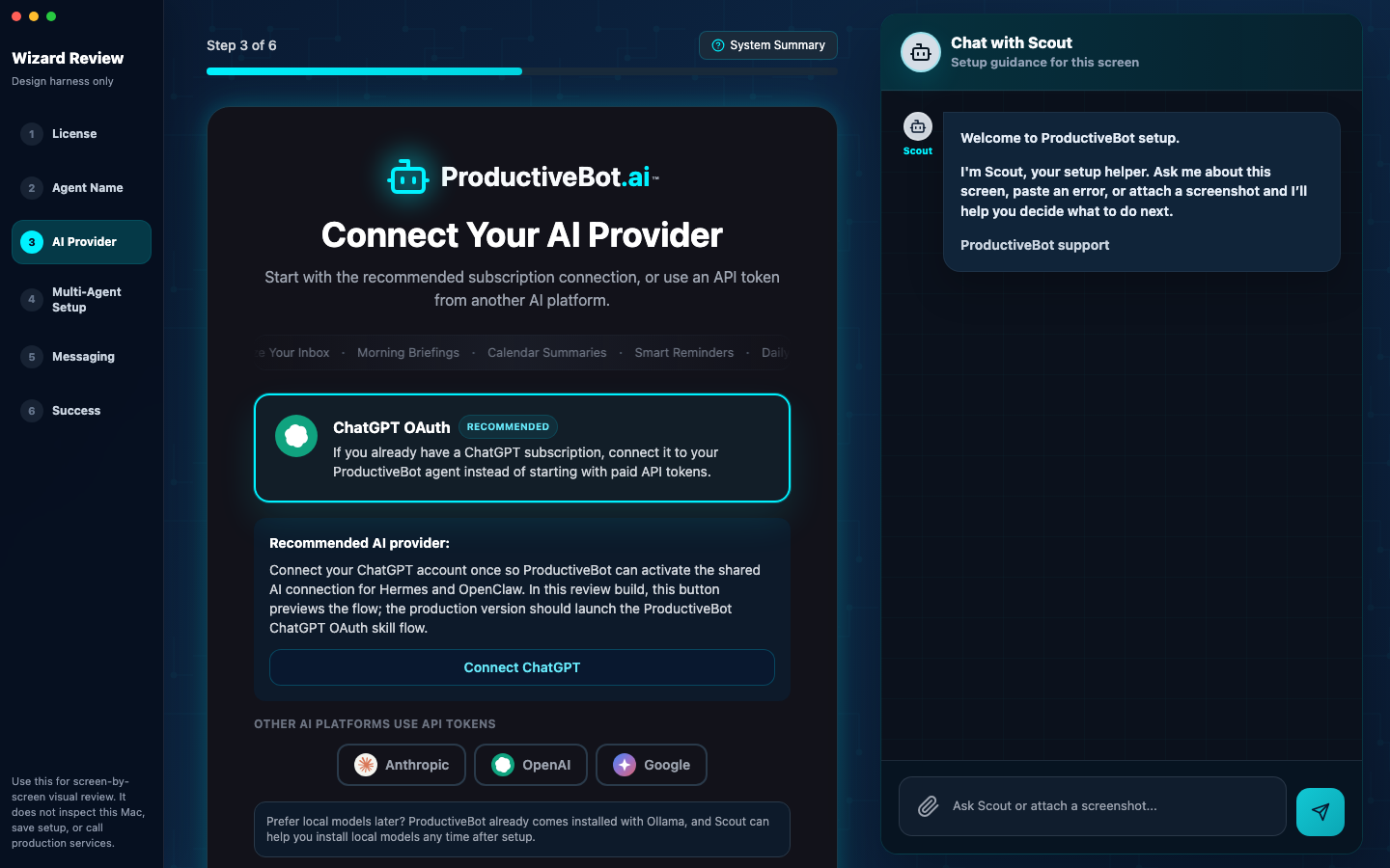ProductiveBot setup wizard provider screen